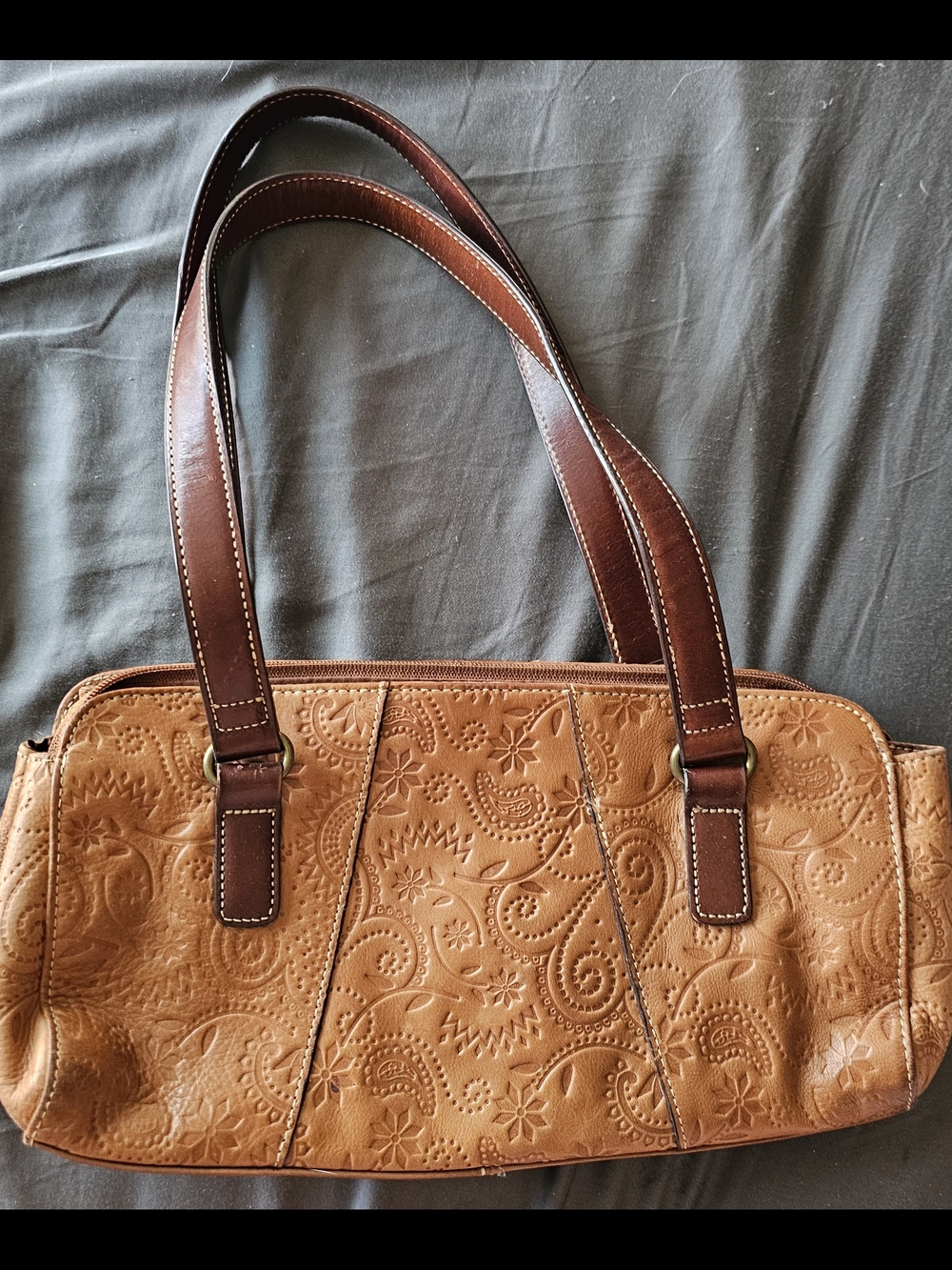 FOSSIL Embossed Tan Shoulder Bag with Dark Brown Straps